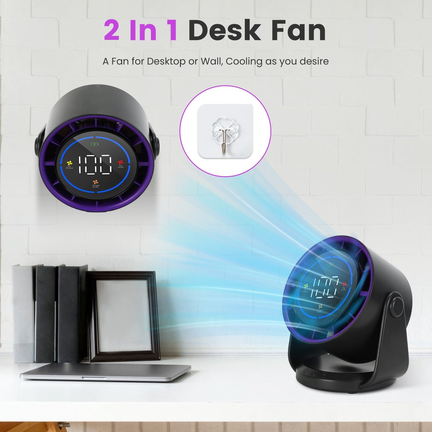 Portable Rechargeable Desk Fan with 100 Speed Levels – Wall Mount & Desktop Cooling Fan