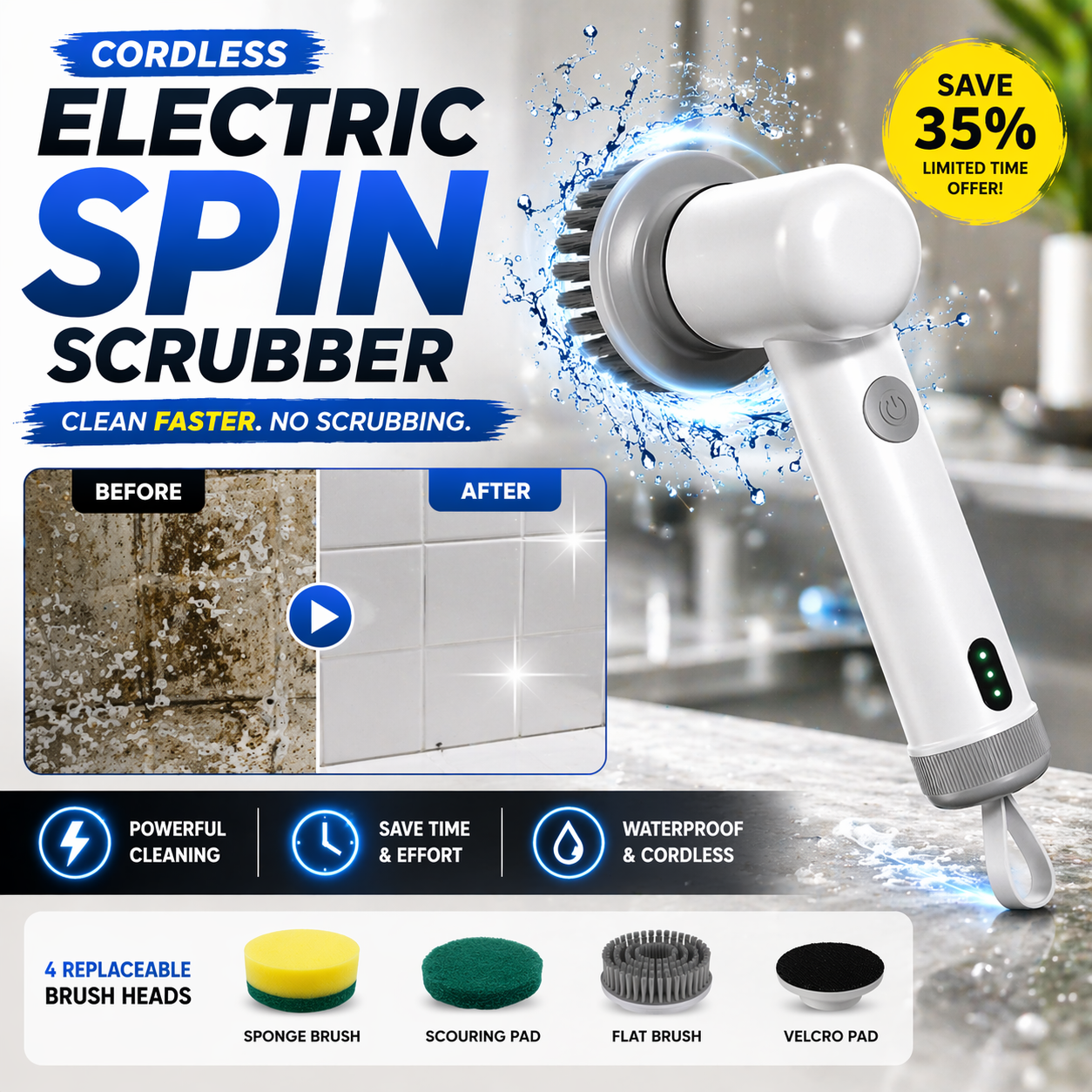 Electric Spin Scrubber – Cordless Power Cleaner for Tiles, Bathroom & Kitchen